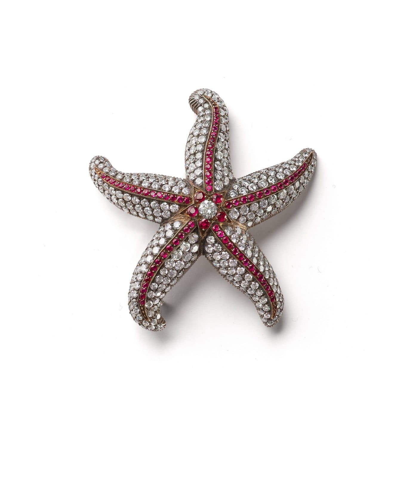 Silver Starfish Diamond & Ruby Brooch
