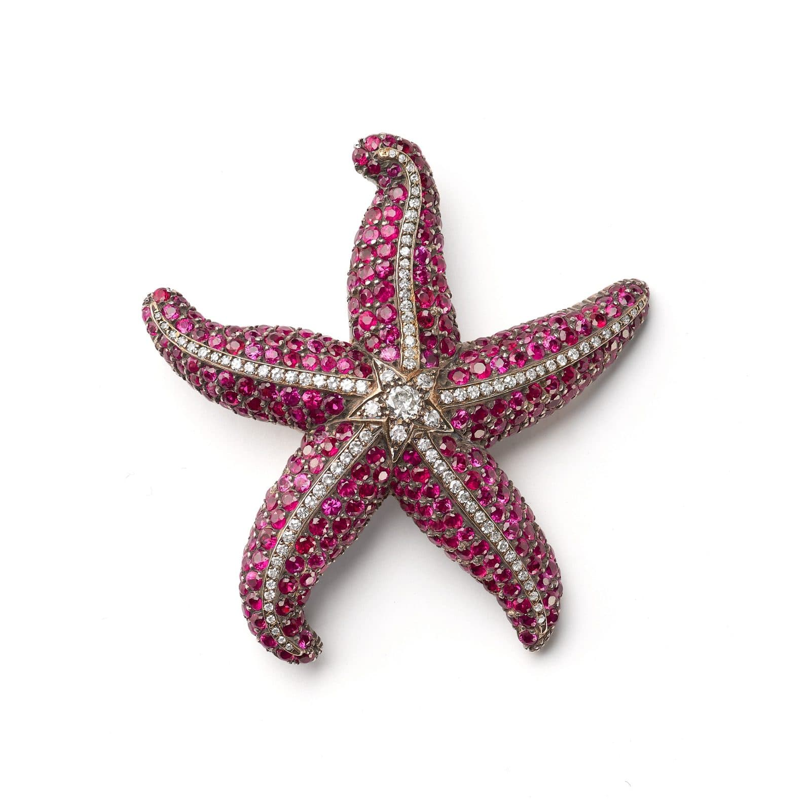 18k Gold & Silver Ruby Starfish Brooch
